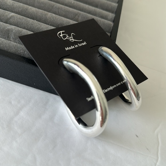 E&L Israel Sterling Silver Statement Long Hoop Electroform Earrings 2.5" long - Picture 5 of 13